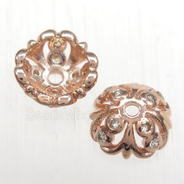 copper beadcaps paved zircon, rose gold