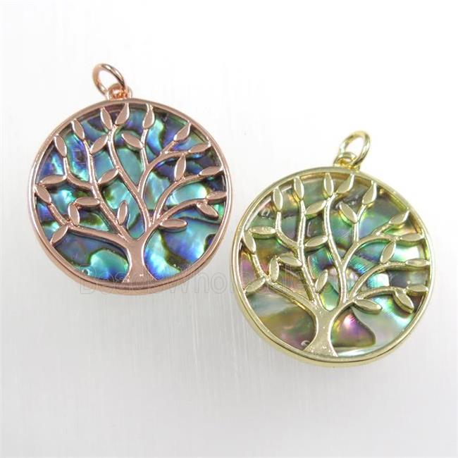 copper circle pendant with abalone shell, tree of life, mix color