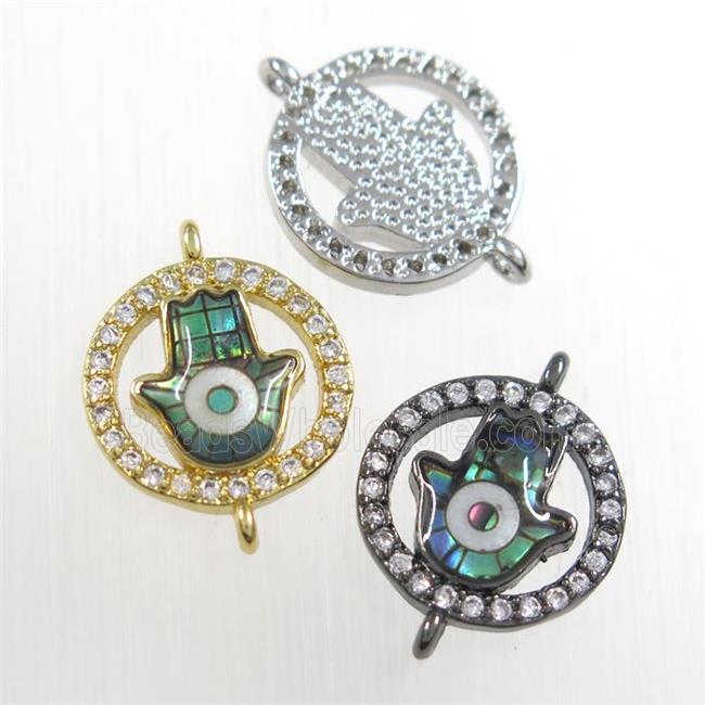 copper hamsahand connector paved zircon with abalone shell, mix color