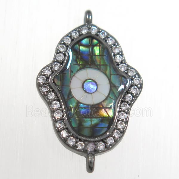copper hamsahand connector paved zircon with abalone shell, black plated