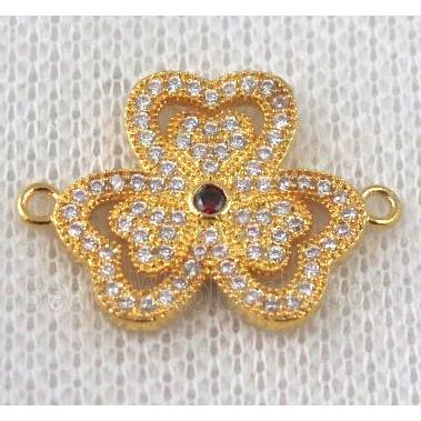copper Clover connector paved zircon, gold plated