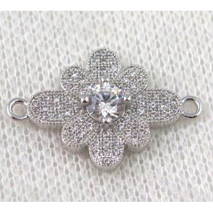 copper flower connector paved zircon, platinum plated