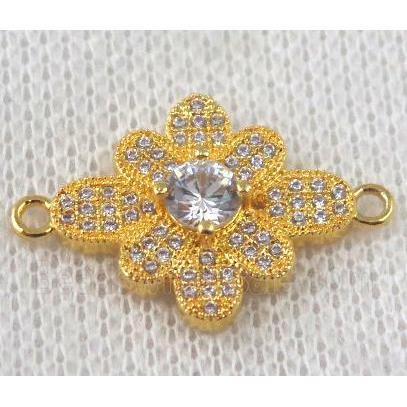 copper flower connector paved zircon, gold plated