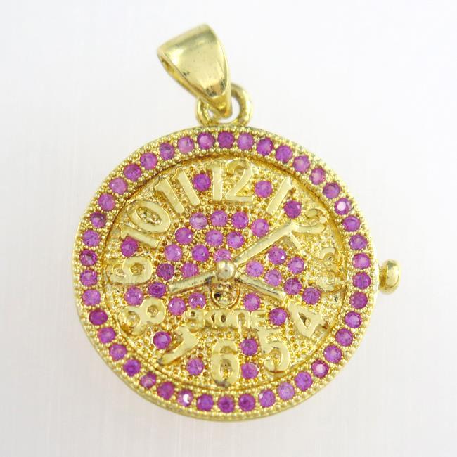 copper clock pendants paved zircon, circle, gold plated
