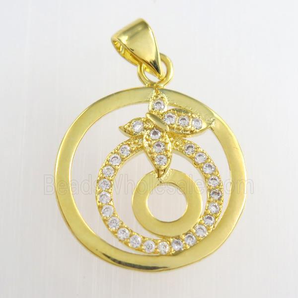 copper circle pendants paved zircon, gold plated