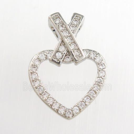 copper heart pendants paved zircon, platinum plated