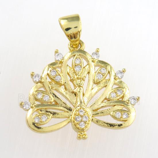 copper peacock pendants paved zircon, gold plated