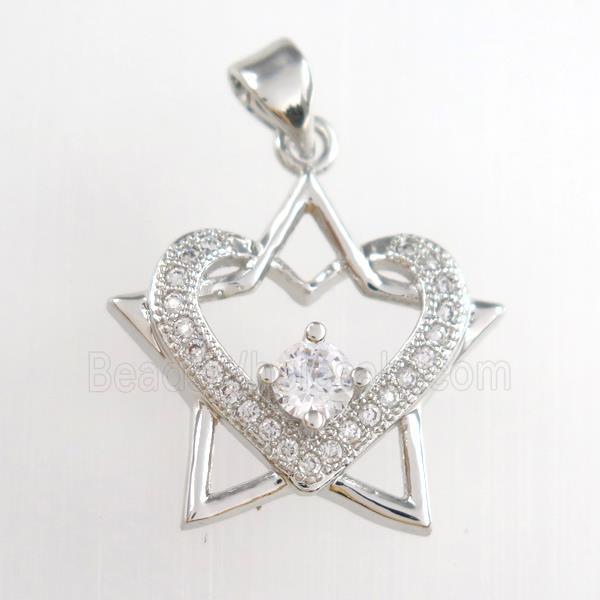 copper starheart pendants paved zircon, platinum plated