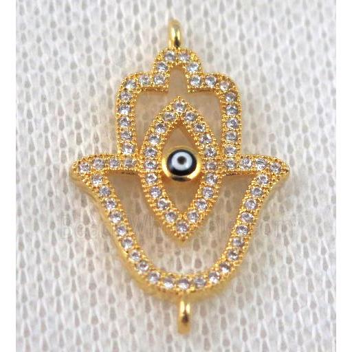 copper hamsahand connector paved zircon with evil eye, gold plated