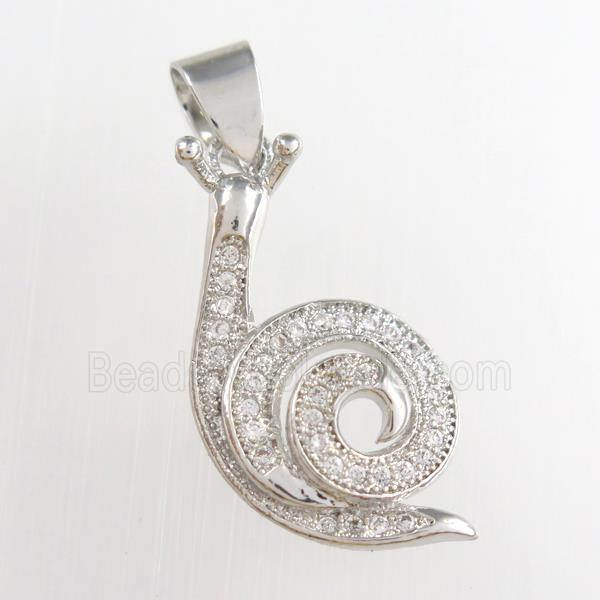 copper snail pendants paved zircon, platinum plated