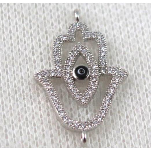 copper hamsahand connector paved zircon with evil eye, platinum plated