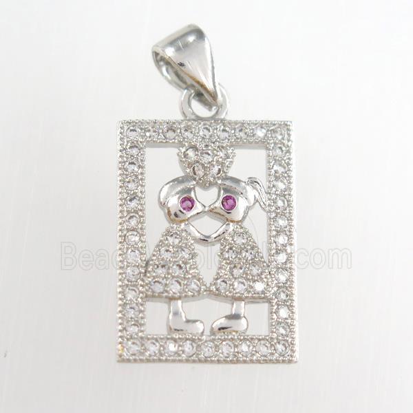copper couple pendants paved zircon, platinum plated