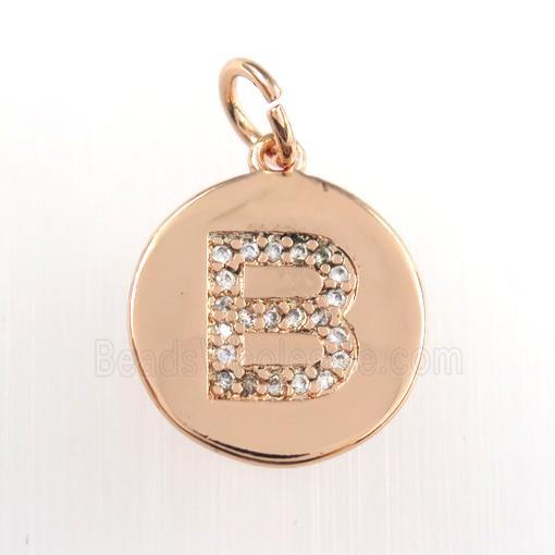 copper pendant paved zircon, letter B, rose gold