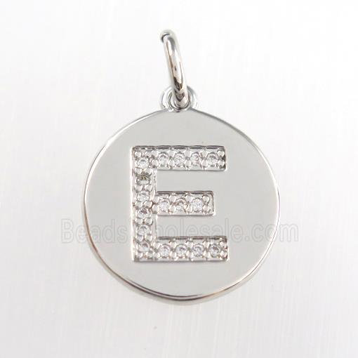 copper pendant paved zircon, letter E, platinum plated