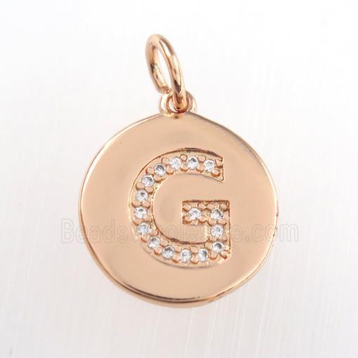 copper pendant paved zircon, letter G, rose gold