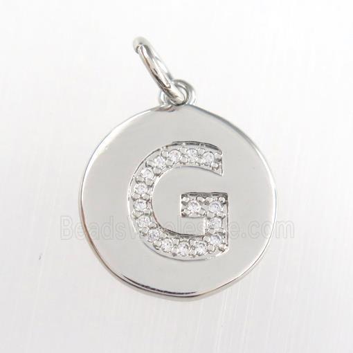 copper pendant paved zircon, letter G, platinum plated