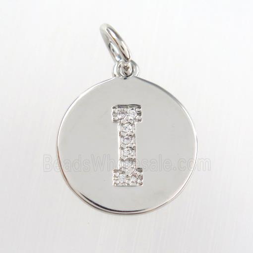copper pendant paved zircon, letter I, platinum plated