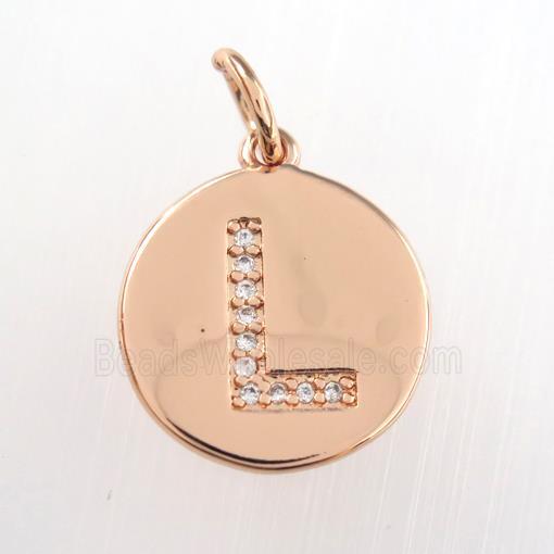 copper pendant paved zircon, letter L, rose gold