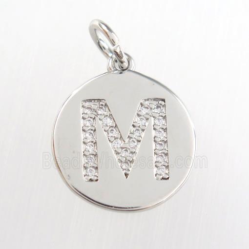 copper pendant paved zircon, letter M, platinum plated