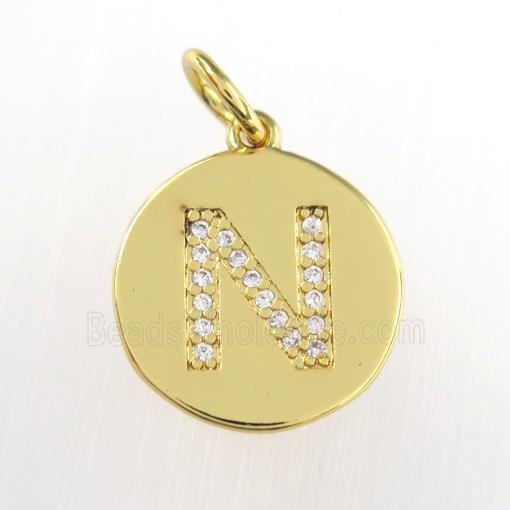 copper pendant paved zircon, letter N, gold plated