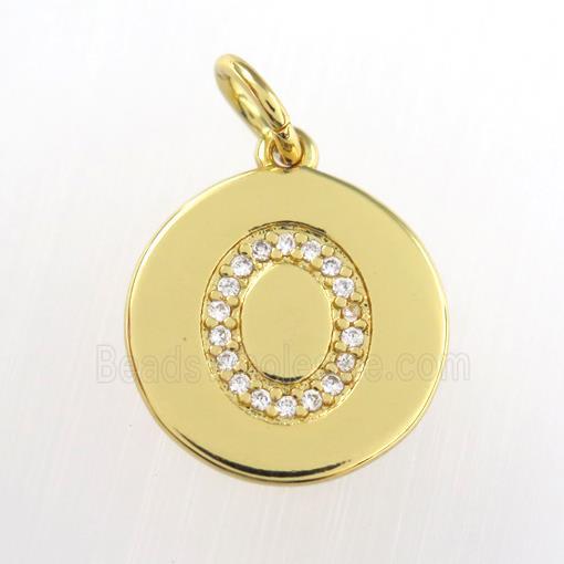 copper pendant paved zircon, letter O, gold plated