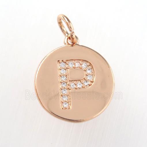 copper pendant paved zircon, letter P, rose gold