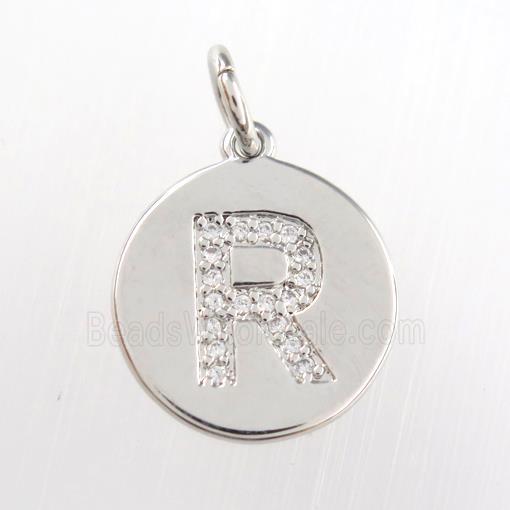 copper pendant paved zircon, letter R, platinum plated