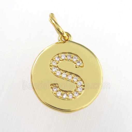 copper pendant paved zircon, letter S, gold plated