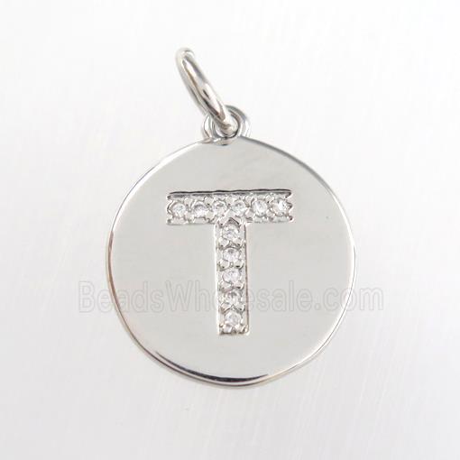 copper pendant paved zircon, letter T, platinum plated