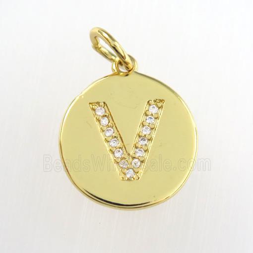 copper pendant paved zircon, letter V, gold plated