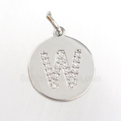 copper pendant paved zircon, letter W, platinum plated