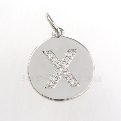 copper pendant paved zircon, letter X, platinum plated