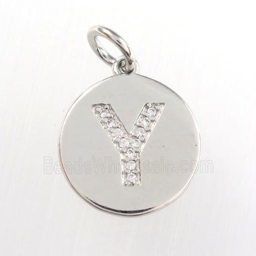 copper pendant paved zircon, letter Y, platinum plated