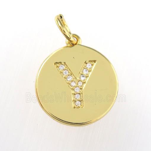 copper pendant paved zircon, letter Y, gold plated
