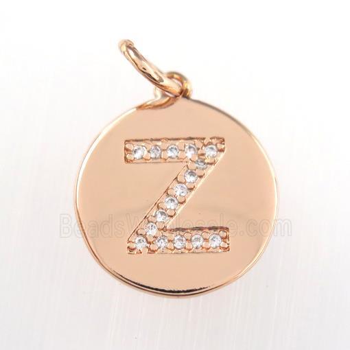 copper pendant paved zircon, letter Z, rose gold