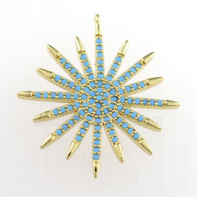 copper starburst pendant paved zircon, turq, gold plated
