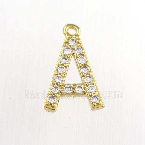 copper pendant paved zircon, letter A, gold plated