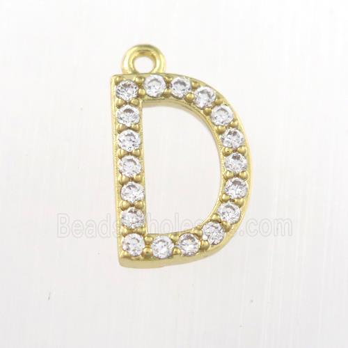 copper pendant paved zircon, letter D, gold plated