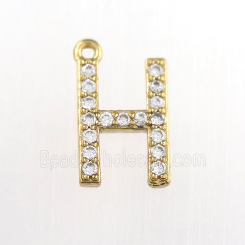 copper pendant paved zircon, letter H, gold plated