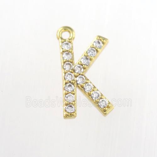 copper pendant paved zircon, letter K, gold plated