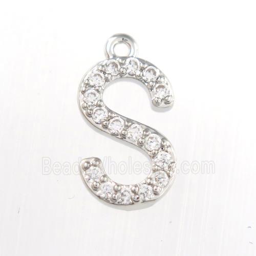 copper pendant paved zircon, letter S, platinum plated