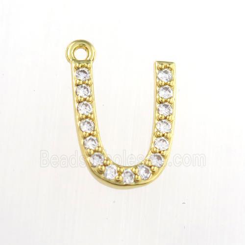 copper pendant paved zircon, letter U, gold plated