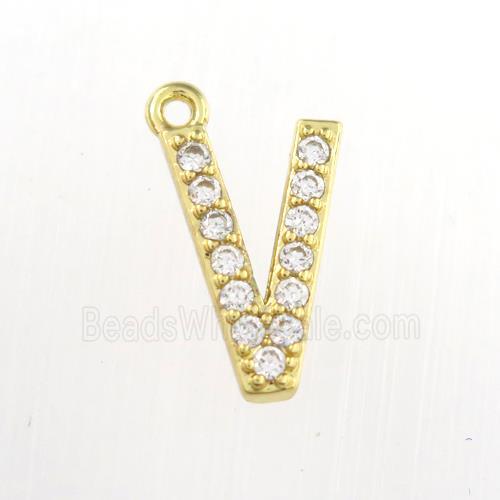 copper pendant paved zircon, letter V, gold plated