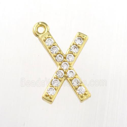 copper pendant paved zircon, letter X, gold plated