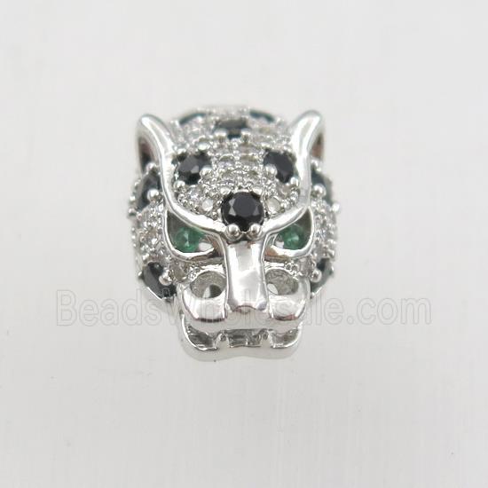 copper leopardhead beads paved zircon, platinum plated