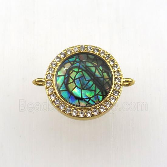 copper circle connector paved zircon with abalone shell, gold plated