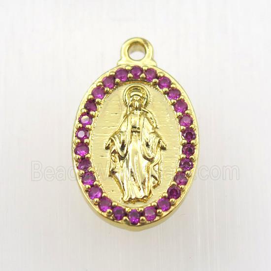 copper Jesus pendant paved zircon, oval, religious, gold plated
