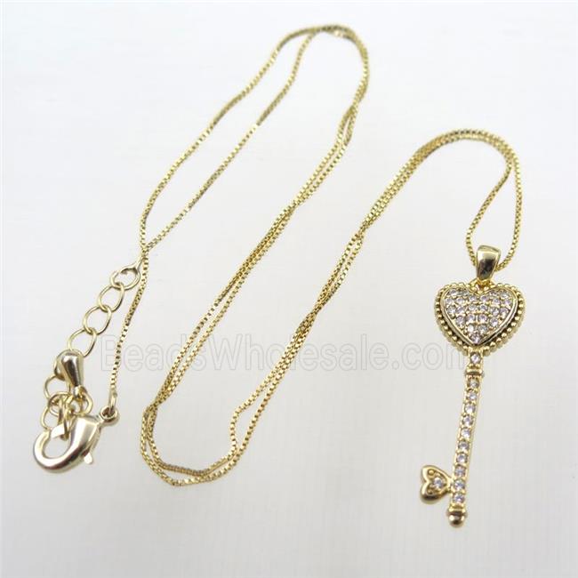copper necklace with key pave zircon, gold plated