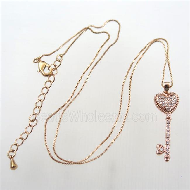 copper necklace with key pave zircon, rose gold
