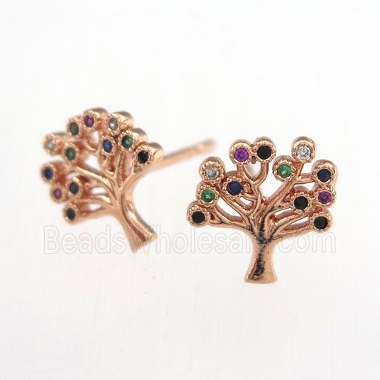 copper earring studs paved zircon, tree of life, rose gold